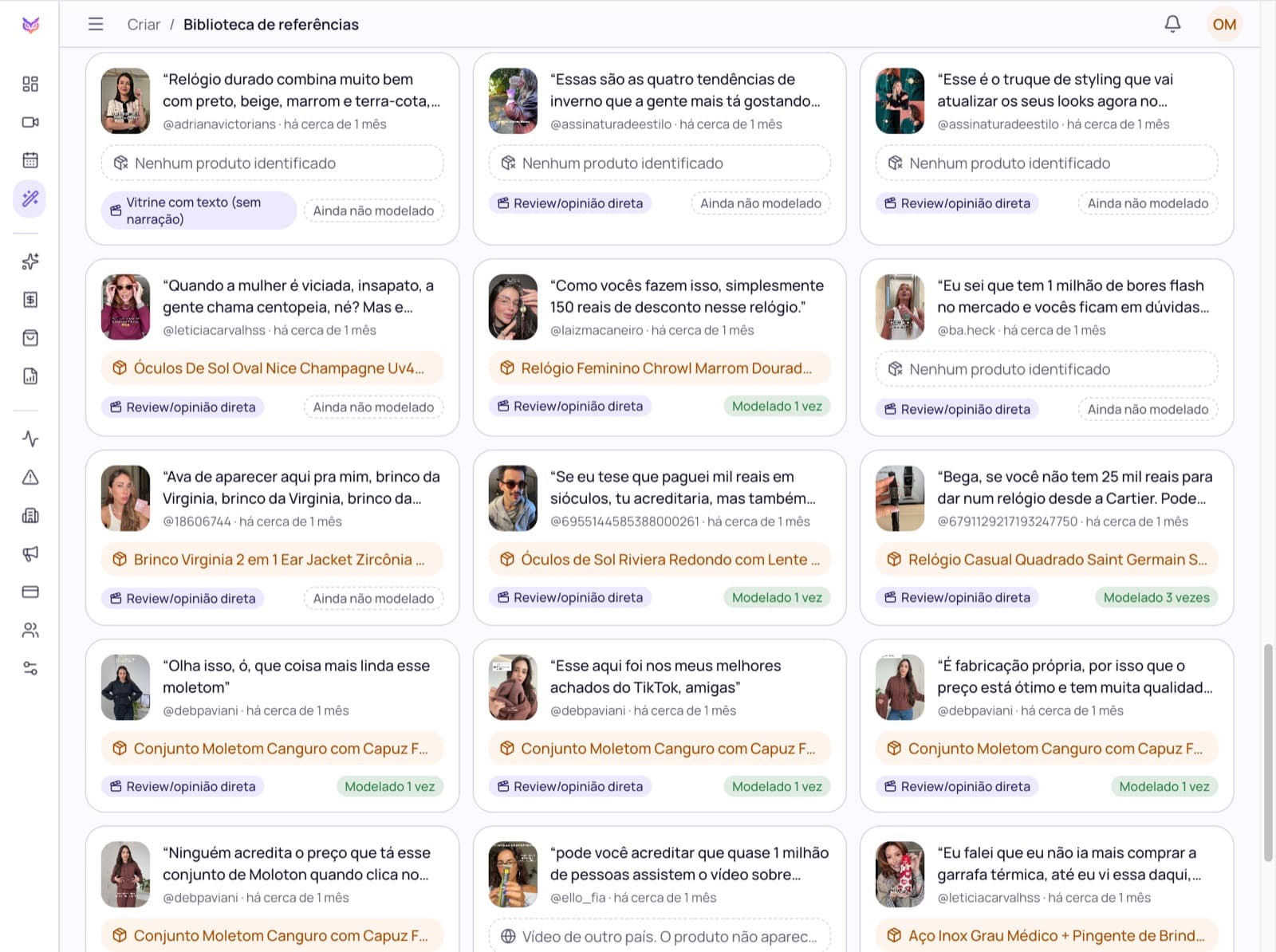 Tela de Referências da Owra, com vídeos que venderam no nicho
